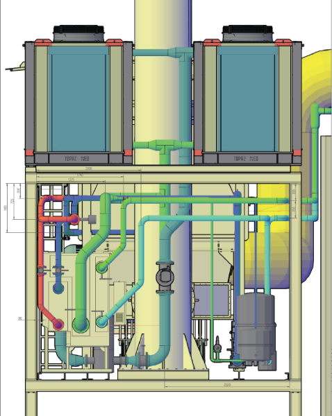 Ansicht Stirnseite: Planung der Anbindung von Rückkühlern mit Kälteanlage und Peripherie