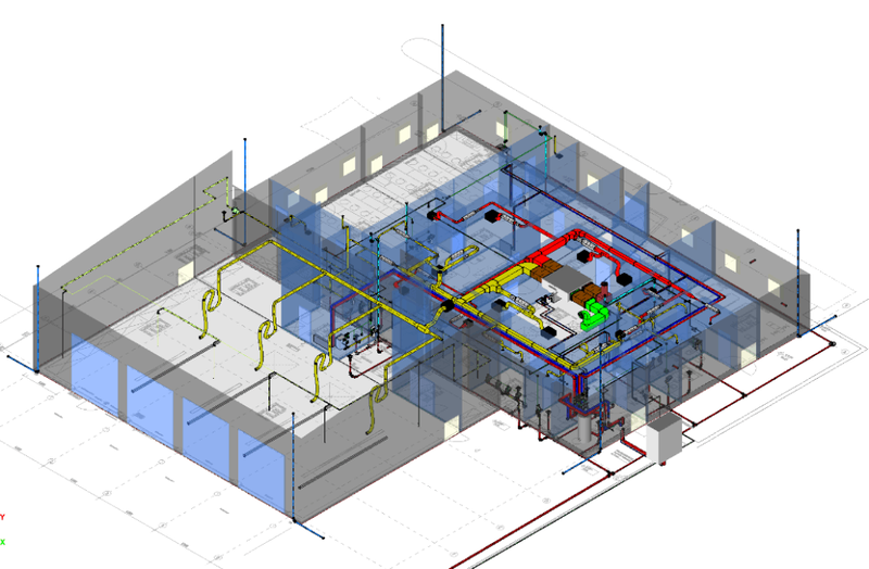Isometrische Darstellung Feuerwehrgerätehaus inkl. TGA-Gewerke (HLS)